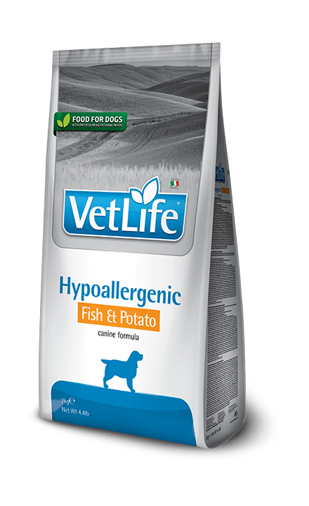 Farmina Vet Life Hypoallergenic Fish & Potato гипоаллергенное  для собак страдающих пищевой аллергией или пищевой непереносимостью. Также рекомендовано, как вспомогательное средство для улучшения трофических функции кожи и ее производных