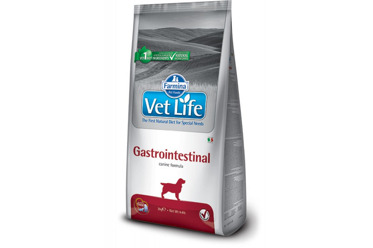 Farmina Vet Life Gastrointestinal диетический корм для собак, рекомендован для лечения синдрома нарушения всасывания и переваривания пищи в ЖКТ, при экзокринной недостаточности поджелудочной железы