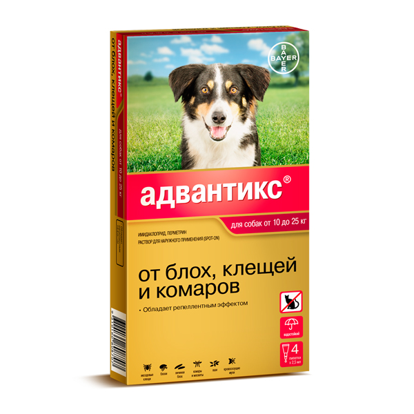 BAYER АДВАНТИКС КАПЛИ НА ХОЛКУ ОТ КЛЕЩЕЙ, БЛОХ И КОМАРОВ ДЛЯ СОБАК ОТ 10 ДО 25 КГ