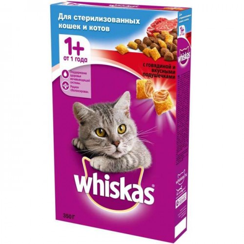 Корм Whiskas сухой корм для стерилизованных кошек Вкусные подушечки, с говядиной