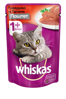 Whiskas влажный корм для кошек, паштет из говядины с печенью